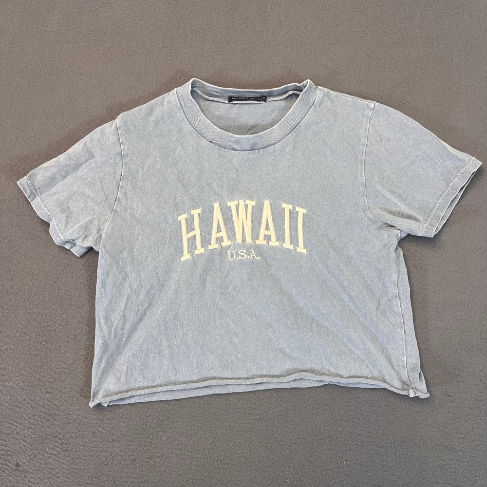 Brandy Melville Baby Blue Hawaii T Shirt Women SM/XS Logo Crop Beach Summer Crew